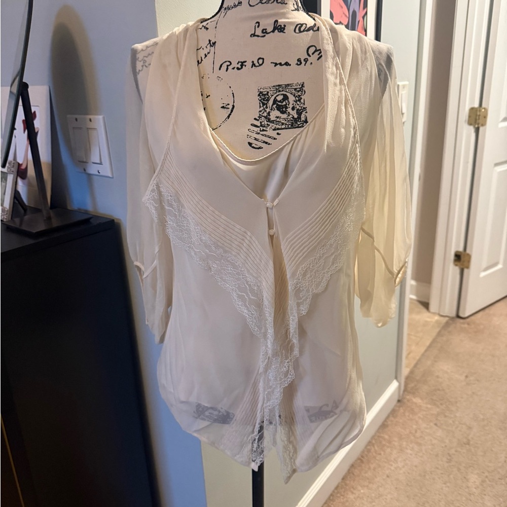 Elie Tahari Cream Sheer Blouse with Lace Detail